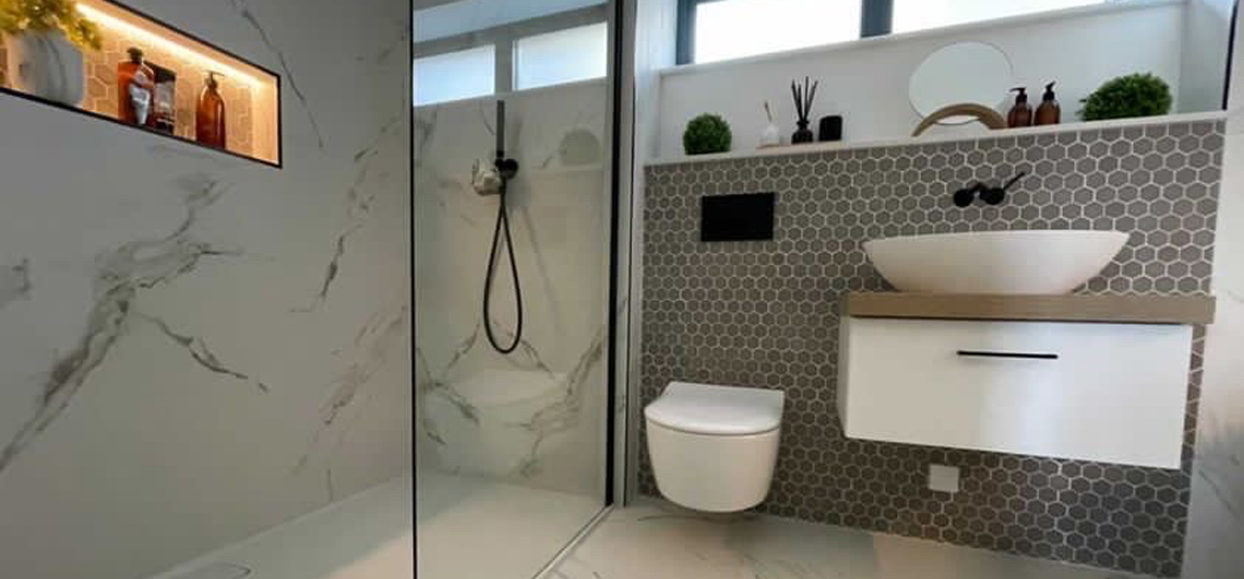 Porcelain Marble Effect Tiled Bathroom in Penpol